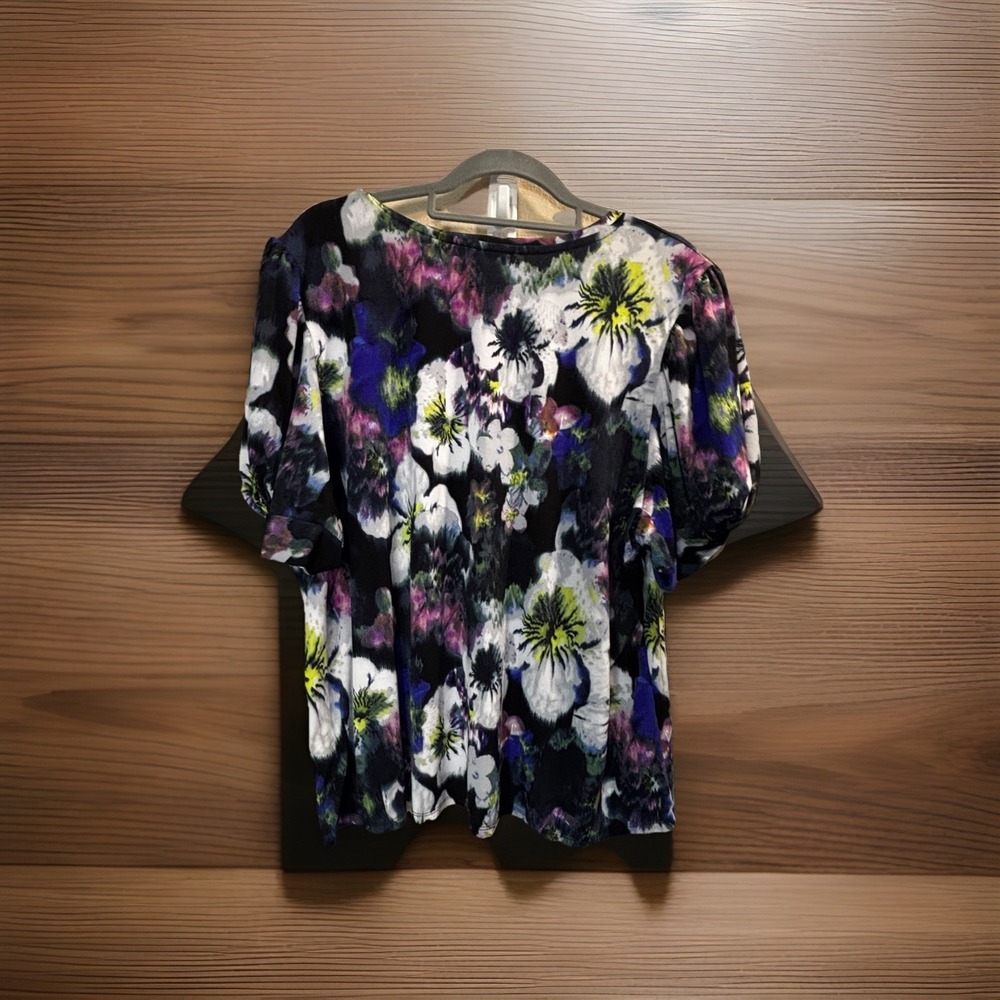 Rachel Roy Floral Blouse Top Shirt Pleated Puff Short Sleeve Purple Blue White